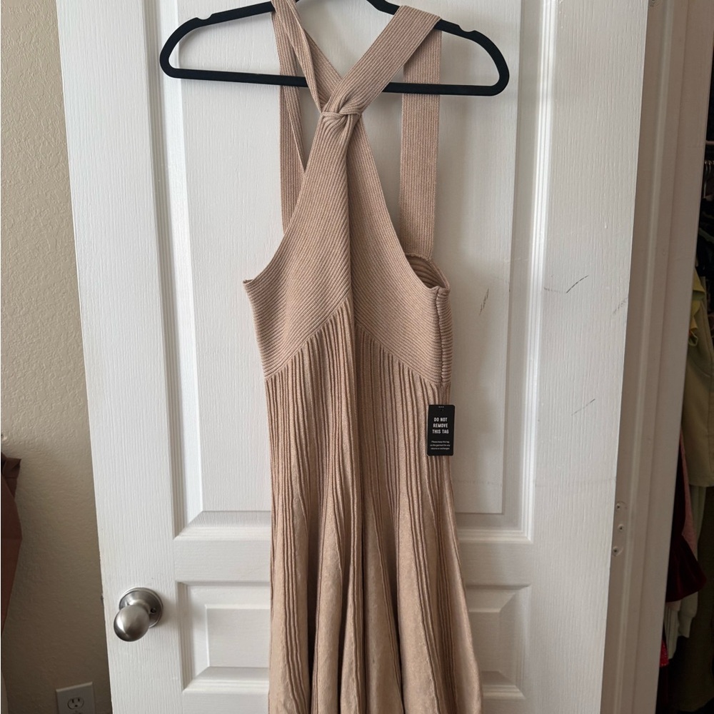 Express Beige/Tan Maxi Dress Ribbed Knit Crossback